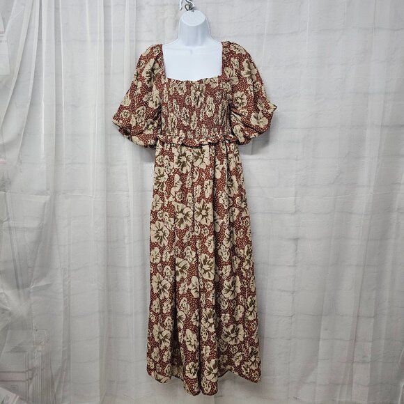 Entro Jumpsuit Wide Leg Floral Boho Coquette Cottage Smocked Puffed Sleeve L - Picture 13 of 13
